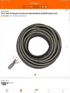 75 ft. 16/4 12-Gauge 4 Conductor 300-Volt Black SJOOW Cable Cord - Picture 1 of 1