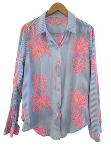 Blusa Lilly Pulitzer Azul Blanco Rayas Piña Talla Grande Coastal Preppy - Imagen 1 de 9