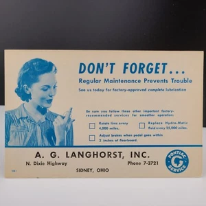 Advertisement Card Pontiac Service Sidney Ohio A.G. Langhorst Inc. Vintage - Picture 1 of 2