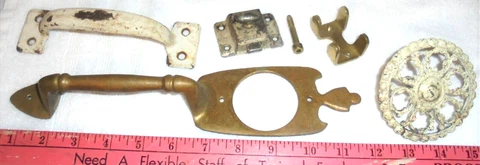 Vintage, LOT,  Front Door Brass Pull Handle, 11 3/4 IN. LONG & HANDLE, & KNOB Cover