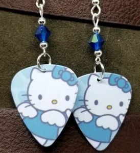 Blue Hello Kitty Guitar Pick Earrings with Capri Blue AB Swarovski Crystals - Picture 1 of 3