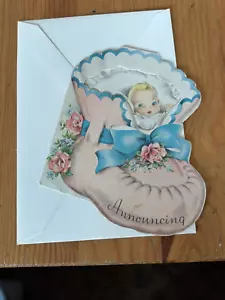 Baby in Bootie Ankündigung unbenutzte Karte Vintage mit Umschlag 3,5x4 - Bild 1 von 6