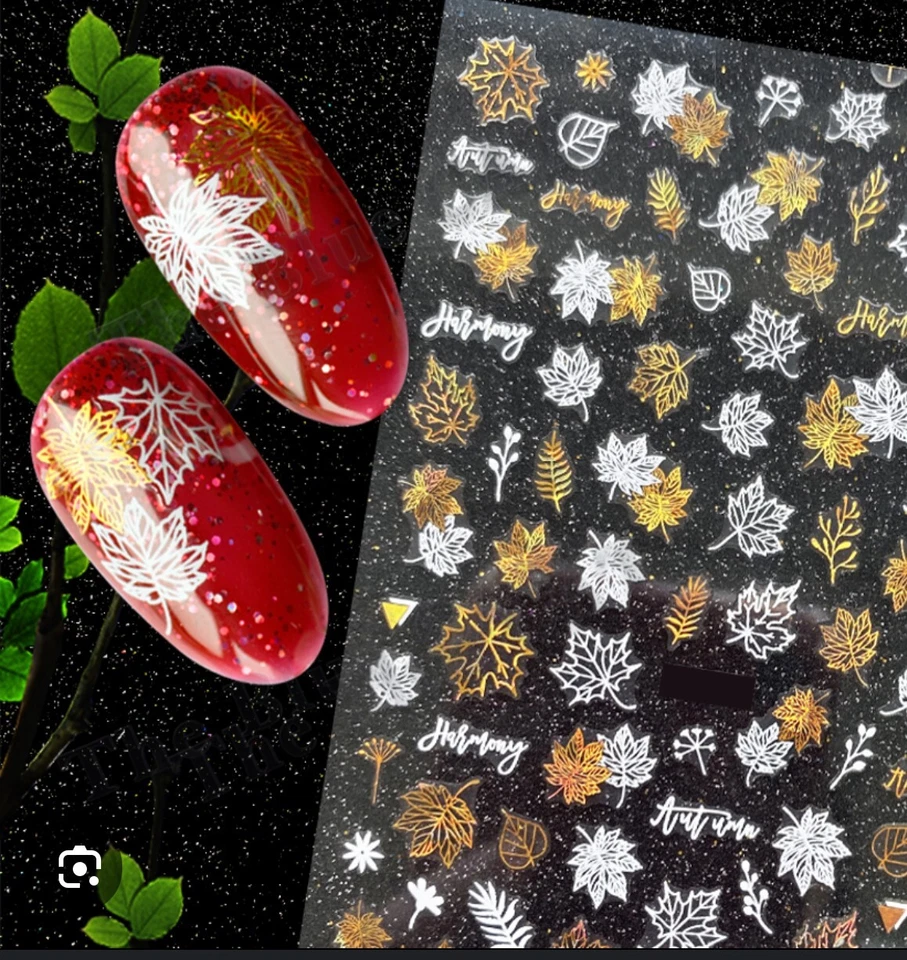 Nail Art Stickers GOLD & WHITE AUTUMN LEAVES F661