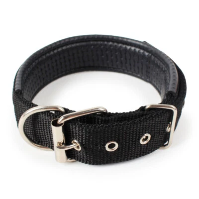 Dog Collar Padded Eyelet Nylon Metal Pet Puppy Cat Adjustable Collars Black UK