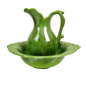 Vintage Royal Haeger Pitcher & Wash Basin Mottled Green Drip Glaze 4058/4060 - Picture 1 of 11