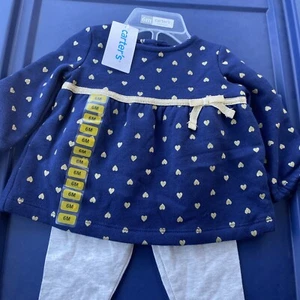 Carter's 2-Piece Playwear Set Blue W/Gold Hearts &Gray Girls Sz 6M NWT - Picture 1 of 6