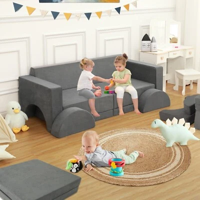 Kids Play Couch 8PCS Modular Toddler Sofa w/Removable Washable Cover Dark Grey - Image 1 of 4