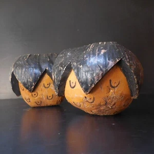 N24.126 sculpture ethnique exotique Tahiti bois 2 noix cocotier récipient art - Imagen 1 de 21
