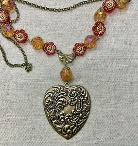 Vintage Inspired Heart Necklace- Filigree Heart, Red Flower Beads, 30” Chain - Picture 1 of 5