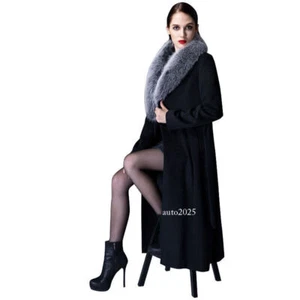 Womens Wool Real Fox Fur Collar Long Coat Cashmere Warm Jackets Outwear S-5XL - Picture 1 of 26
