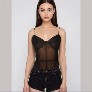 Forever 21 Black Sheer Sleeveless Spaghetti Strap Corset Lingerie Bodysuit Large - Picture 1 of 13