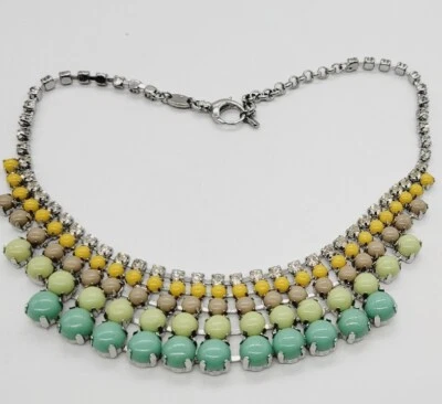 Fossil Brand Green Multicolored Collar Bib Silver Toned Necklace Crystal Accent - Image 1 of 4