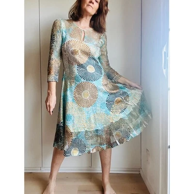 Komarov Dress Size Large Geometric Print Sheer Neckline Blue Tan  Lace Sleeves - Image 1 of 4