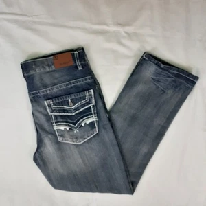 Flypaper Mens Jeans 36x30 Straight Y2K Blue Medium Wash Faded Embroidered Pocket - Picture 1 of 17