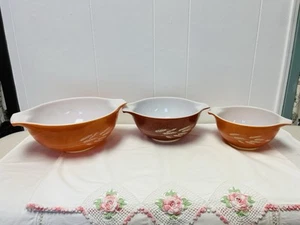 VTG Pyrex Autumn Harvest Wheat Cinderella Set 3 Mixing Nesting Bowls 441 442 443 - Picture 1 of 5