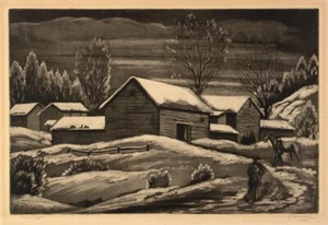 Winter Landscape by Emil Ganso 1936 American Regionalist Lithograph Art Print - Picture 1 of 2