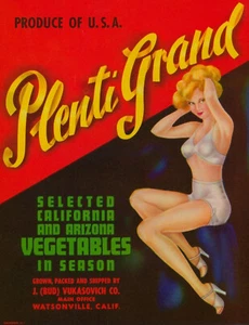 Plenty Grand Pinup 1940 Original Selected Vegetables Crate Label Watsonville CA - Picture 1 of 6