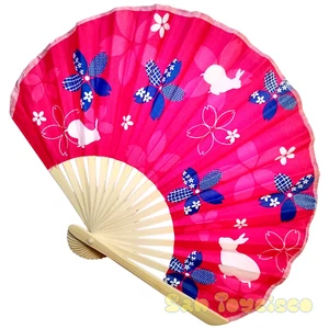 Bamboo Folding Fan Sensu Daiso Japan - Cherry Blossom Rabbit 8.3" Japan Culture - Picture 1 of 5