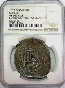 1623 SEVILLE SILVER SPAIN PHILIP IV 8 REALES COB NGC VERY FINE* - Picture 1 of 3
