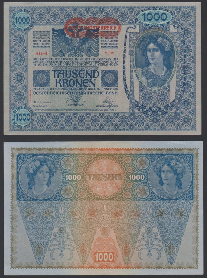 Austria 1000 kronen 1902 1919 DÖ P61(2) II Auflage Block 2502 aUNC w/Fold - Image 1 of 4