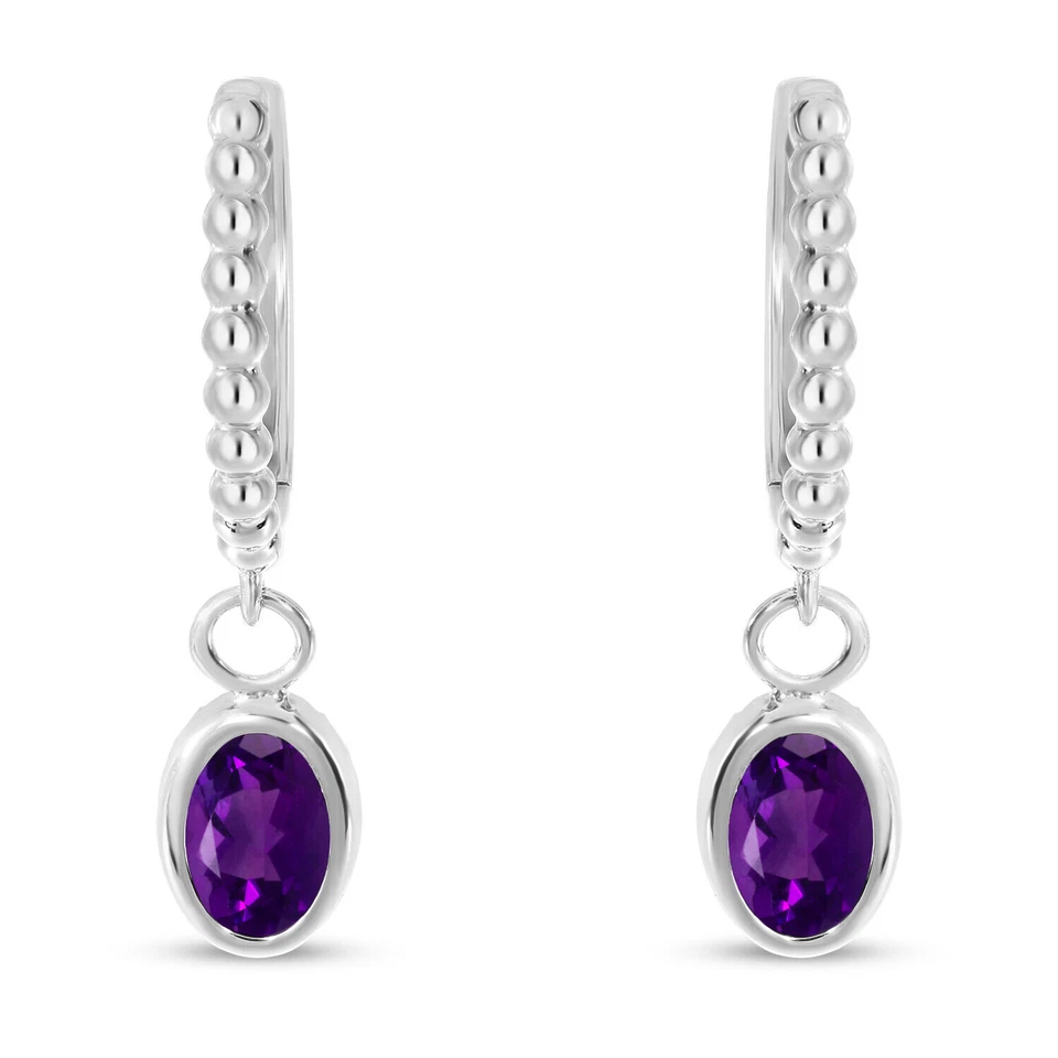 14K White Gold Oval Amethyst Dangle Textured Huggie Earrings - Image 1 of 1