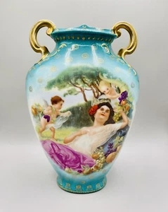 Antique c1900s Victoria Austria Hand Painted Vase Teal Gold Handles Signed 9.5” - Picture 1 of 12