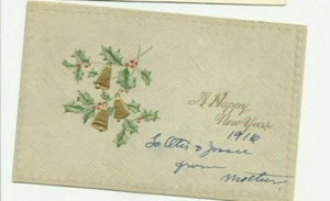 1916 Happy New Year postcard,,,golden bells, holly leaves - Picture 1 of 2