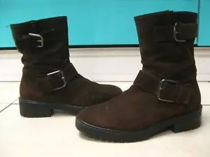 REAL LEATHER BIKER BOOTS 4 37 ankle western MNG buckle brown suede MANGO - Picture 1 of 10