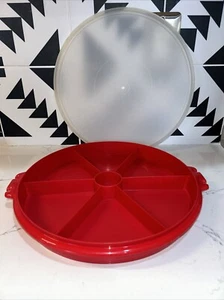 Tupperware 12" Red Round Divided Tray Container 405-2 Lid 224-12 No Handle - Picture 1 of 7