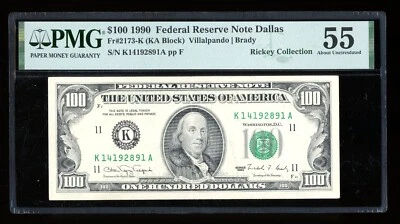 DBR 1990 $100 FRN Dallas Fr. 2173-K PMG 55 Serial K14192891A - Image 1 of 2