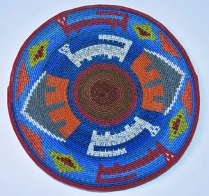Vtg Zulu South Africa Imbenge Telephone Wire 12" Basket Platter Pictorial Blue - Picture 1 of 6