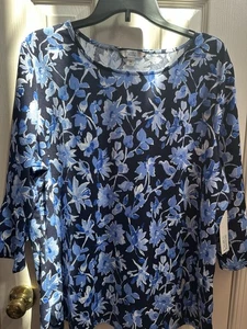 Women's Croft And Barrow Blue Floral Blue 3/4 Sleeve Blouse - Size XXL NWT - Picture 1 of 9
