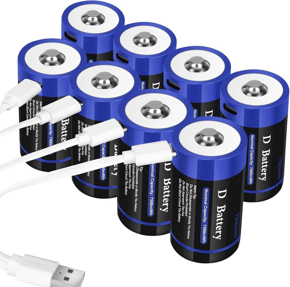 WOWPOWER Rechargeable Lithium D Cell Batteries 7500mWh with USB-C Charging 8 Pack