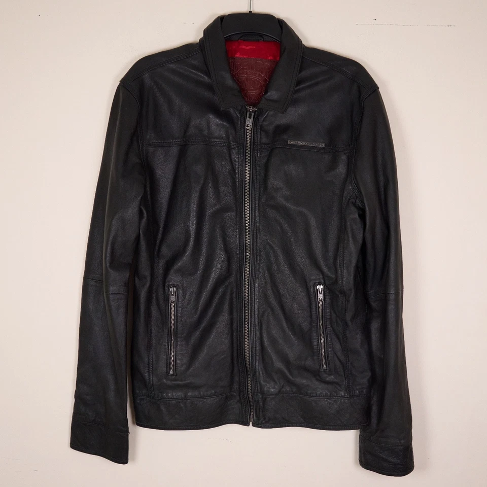 Superdry Men's Black 100% Leather Full Zip Collared Motor Sport Jacket XL - Image 1 of 4