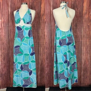 VTG Y2K Moda International Maxi Dress Halter Neck Blue Vacation Beach Size Small - Picture 1 of 7