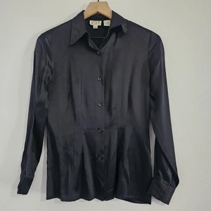 Vintage Ann Taylor Loft 100 % Seide schwarz Knopfleiste Bluse Damen Petite Größe 2 - Bild 1 von 7