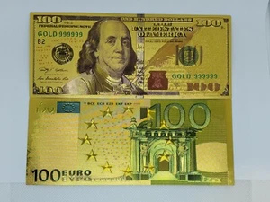 €100 Euro + $100USD Banknotes Plated With 24k Gold. Collectibles items - Bild 1 von 6