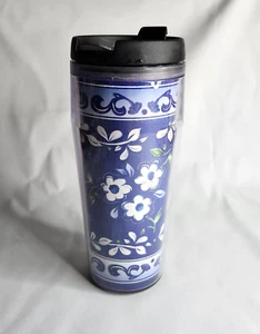 2003 Blue White Floral 16 Oz Starbuck's Plastic Coffee Tumbler w/Lid Folk Art - Picture 1 of 11