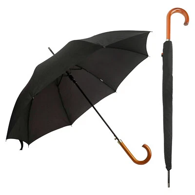 DUA Classic Gents Auto Walking Length Black Umbrella with Wood Handle and Sleeve - Image 1 of 4
