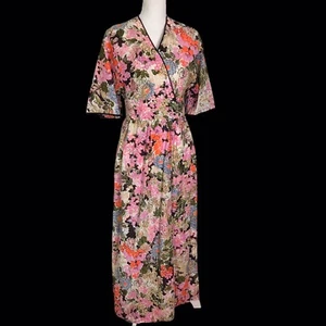 Vintage 1970's Dela-Ann Loungewear Size 12 Kimono Floral Hostess Gown Asian - Picture 1 of 10