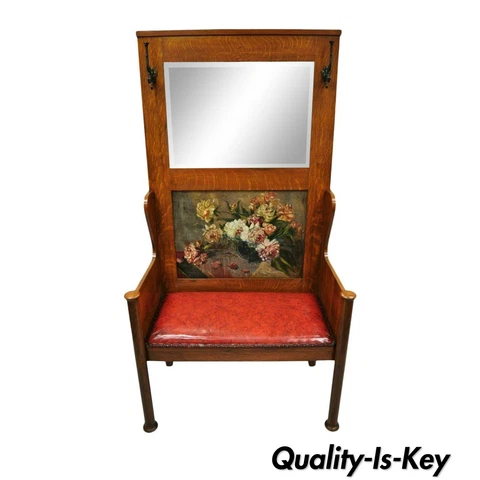 Antique Arts & Crafts Tiger Oak Mission Hall Coat Rack Tree Mirror Bench Seat Cover