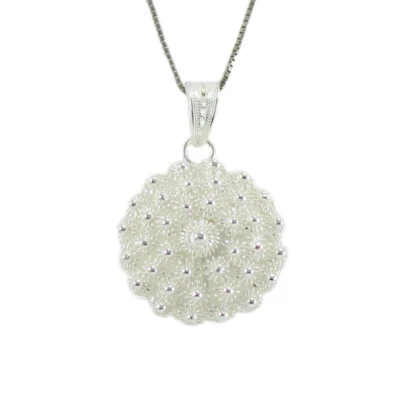 Catena girocollo donna pendente filigrana sarda argento a fiore tondo nido d'ape - Immagine 1 di 2