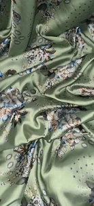 Lime Green Multicoloured Floral Print Charmeuse Satin Fabric 58''PRICE PER METER - Picture 1 of 2