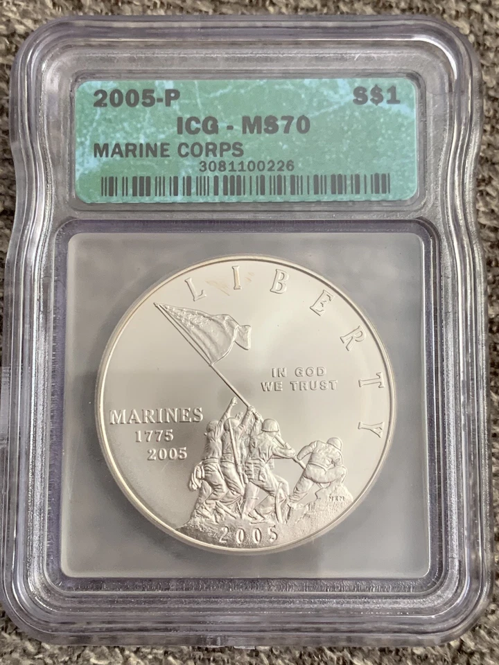 2005 P $1 Marine Corps Commemorative Silver Dollar ICG MS70 - Image 1 of 4