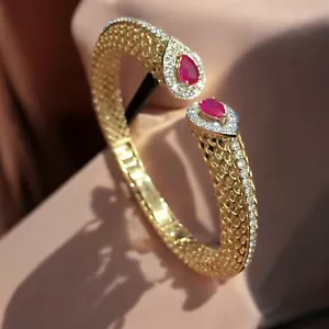 Pave 1.94 Cts Round Brilliant Cut F/VS Diamonds Ruby Cuff Bracelet 18K Rose Gold - Picture 1 of 5