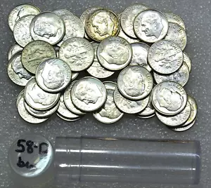 1958 D Roosevelt Silver Dime Original Gem BU roll 50 coins with end coins #S53A - Picture 1 of 2