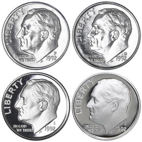 1992 P D S S Roosevelt Dime Year Set Silver & Clad Proof & BU US 4 Coin Lot Cover