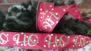Ribbon wire edge Ribbon Red w/ polka Dots Green Ho Ho Script 2.5" Wide 5 Yds - Picture 1 of 4