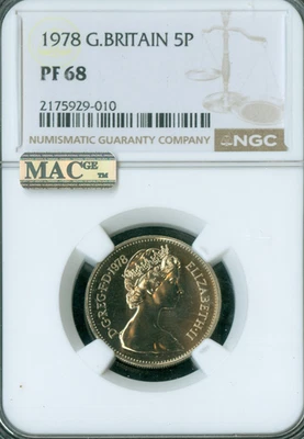 1978 GREAT BRITAIN 5 PENCE NGC PF68  MAC 2nd FINEST GRADE & SPOTLESS . - Image 1 of 2