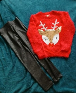 Girls Red Fluffy Christmas Jumper With Black Shimmer F&F Leggings 7-8 Years - Picture 1 of 8